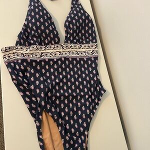 Navy Halter One-Piece Swimsuit with Pink Pattern
